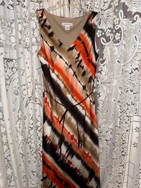 Liz Claiborne Orange, Brown & Cream V-Neck Maxi Dress